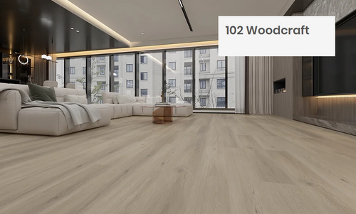 Modern room with vinyl flooring installed in the colour 102 Woodcraft by Woden Flooring sold by Advanced Flooring in Kitchener-Waterloo.