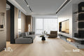 Modern living room with gray sofa, coffee table, and TV stand, featuring Tosca Floors Model 5602.
