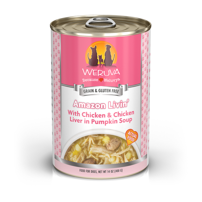 A can of Weruva Amazon Livin' dog food features white chicken breast and liver in pumpkin soup. The pink and white label shows cats and dogs, highlighting that it’s grain- and gluten-free.