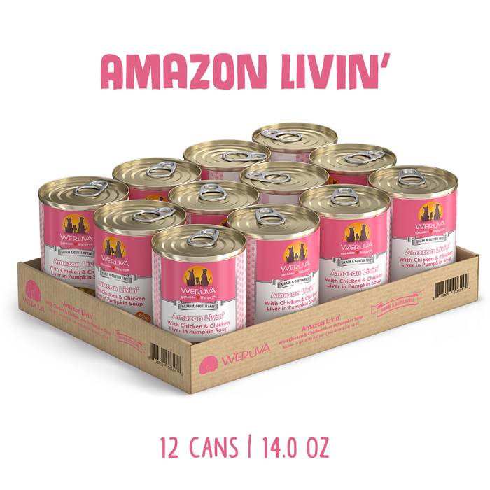 A cardboard tray holds twelve 14 oz cans of Weruva Amazon Livin' cat food with chicken liver and salmon in pumpkin sauce. The pink-labeled cans display "AMAZON LIVIN'" in bold pink letters.