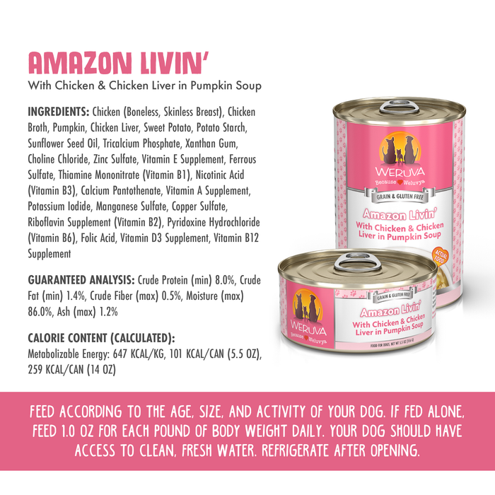 Two cans of Weruva Amazon Livin’ dog food are displayed with product details, ingredients, and feeding instructions next to them on a white and pink background.