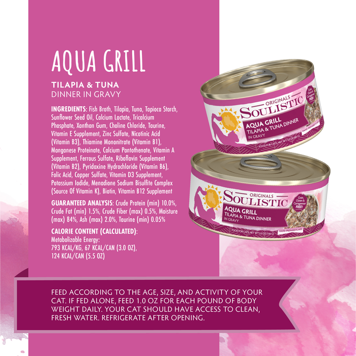 Two cans of Soulistic Aqua Grill cat food are shown on a purple background, featuring product details, ingredients, nutrition facts, and feeding instructions.