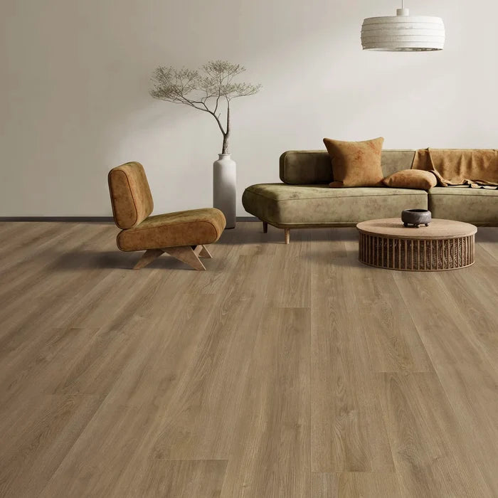 Living room with Autumn Oak SPC vinyl plank flooring – wide 9" waterproof planks and warm oak tone, perfect for modern homes in Ontario and across Canada.