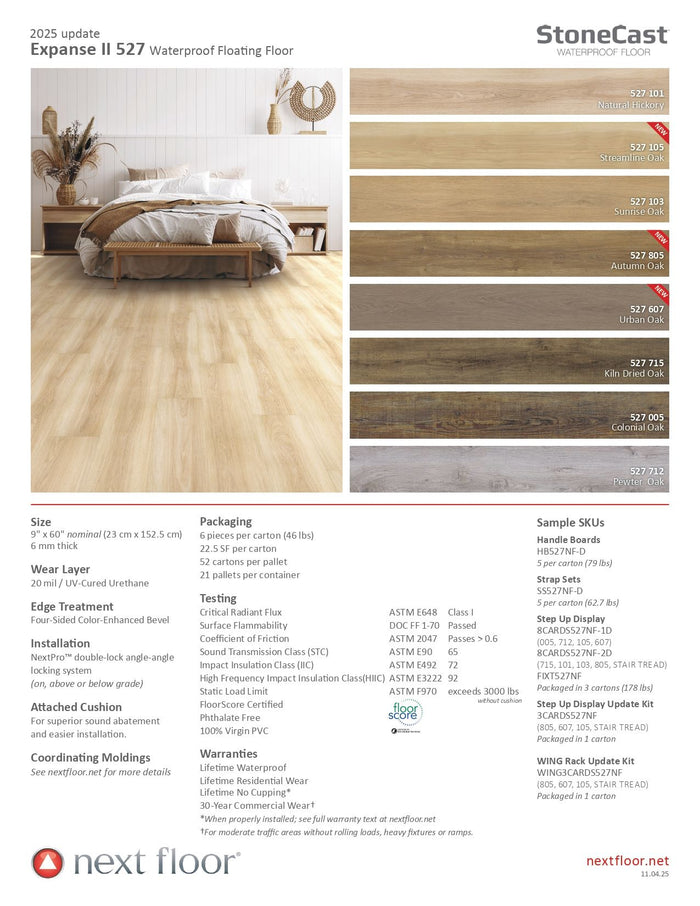 Nextfloor Expanse II 527 flooring guide showing SPC core details, 20 mil wear layer, installation options, and lifetime residential warranty for Canada homeowners.