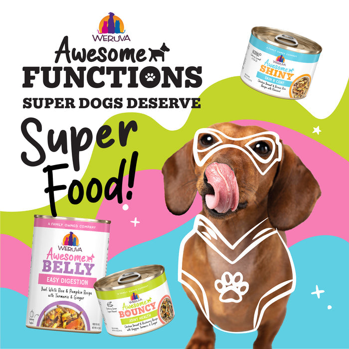 A brown dog in a superhero costume licks its nose beside three cans of Awesome Functions Awesome Belly Sensitive Stomach Superhero dog food. Text reads: “Awesome Functions Super Dogs Deserve Super Food!”.