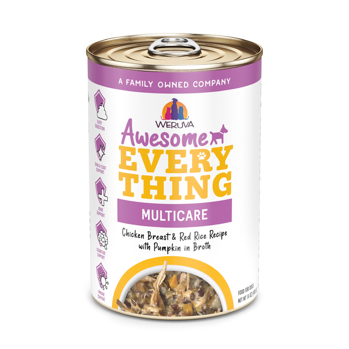 A can of Awesome Functions Awesome Everything Chicken Breast & Red Rice Recipe with Pumpkin cat food in broth, with a white and purple label accented in yellow, reminiscent of the superfood dog food style.