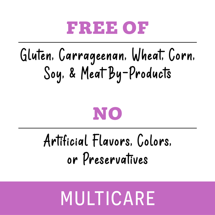 Text graphic stating: Free of gluten, carrageenan, wheat, corn, soy, and meat by-products. No artificial flavors, colors, or preservatives. Awesome Functions Awesome Everything Chicken Breast & Red Rice Recipe with Pumpkin. MULTICARE appears at the bottom in a purple bar.