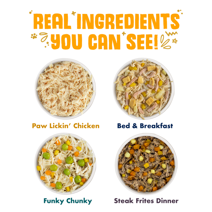 Four bowls of Weruva dog food are labeled: Baron's Batch, Paw Lickin’ Chicken, Bed & Breakfast, and Steak Frites Dinner. Above them, bold text reads “REAL INGREDIENTS YOU CAN SEE!” with playful, colorful decorations.