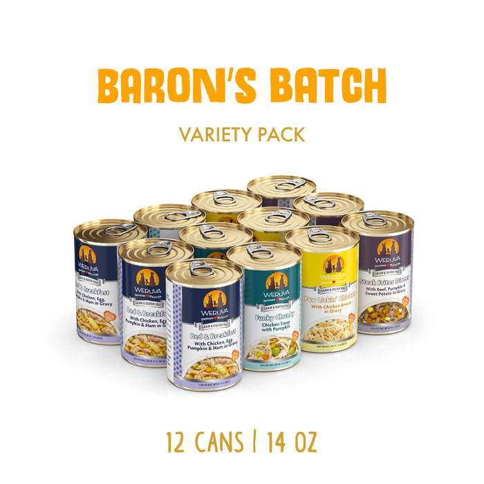 Twelve 14 oz cans of Weruva Baron's Batch high-quality dog food are grouped together, each with colorful labels. Text above reads "BARON'S BATCH VARIETY PACK;" below: "12 CANS | 14 OZ.