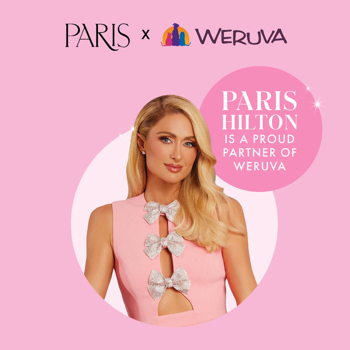 Paris Hilton poses in pink with sparkly bows for Weruva, promoting their Chicken Dinner with Rice and Pumpkin dog meal. The text reads, “Paris Hilton is a proud partner of Weruva.”.