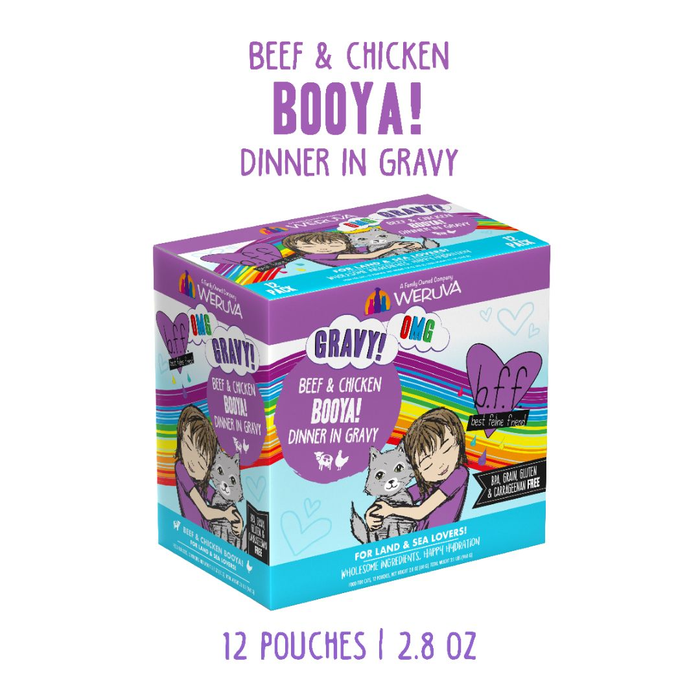 A colorful box of BFF Best Feline Friend Beef & Chicken Booya! cat food in savory gravy, with a cartoon girl hugging a gray cat. Includes 12 hydrating 2.8 oz pouches of minced beef and chicken.