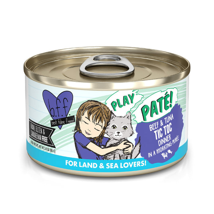 A can of BFF Best Feline Friend Beef & Tuna Tic Toc cat food features wild-caught tuna in hydrating purée. The grain-free label has a child hugging a gray cat and the phrase “For Land & Sea Lovers!”.