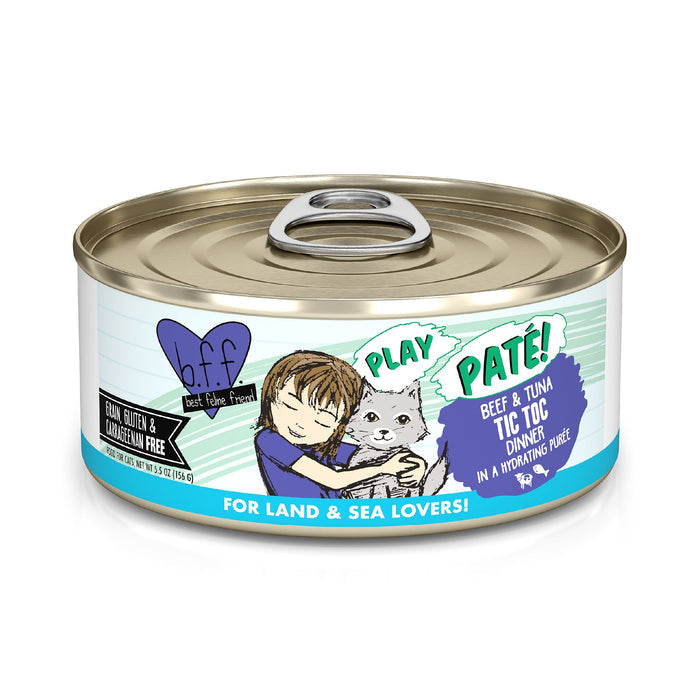 A can of BFF Best Feline Friend Beef & Tuna Tic Toc cat food, labeled Paté! and Hydrating Purée, featuring wild-caught tuna and grass-fed beef, an illustration of a child hugging a gray cat, and text stating grain free and carrageenan free.