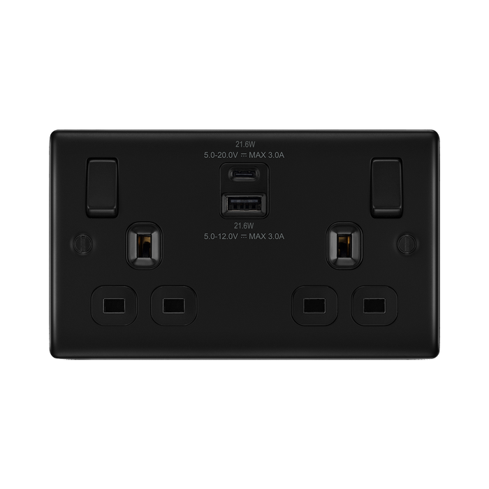 BG Nexus Metal Matt Black 2 Gang USB Charging Socket
