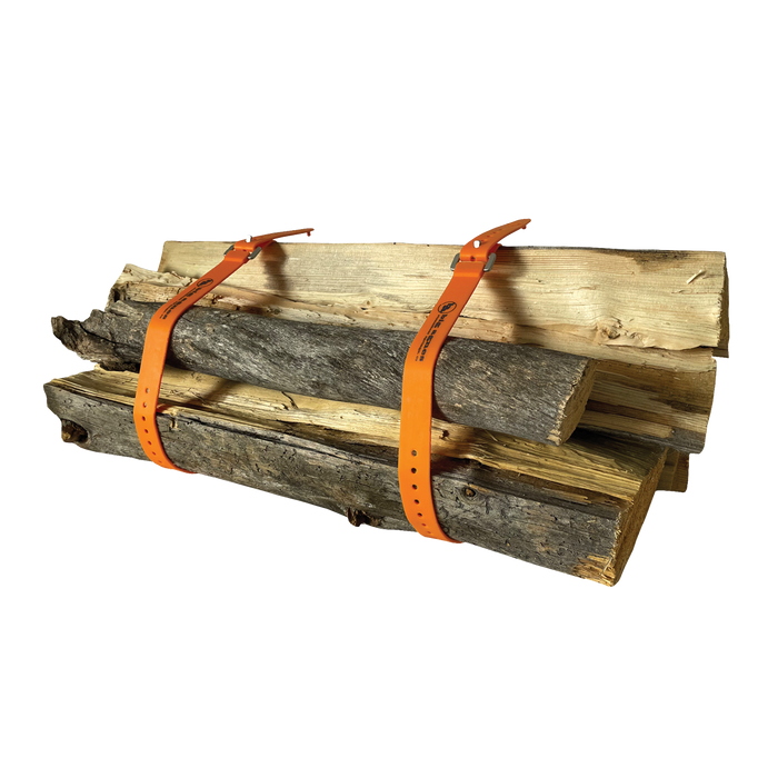Stack of firewood with orange straps on a white background
