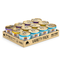 A Weruva Big Time Bonus Round Variety Pack holds 12 canned hydrating cat foods with gold lids and colorful labels in a cardboard tray featuring the Weruva logo and "Big Time Bonus Round!" on the sides.