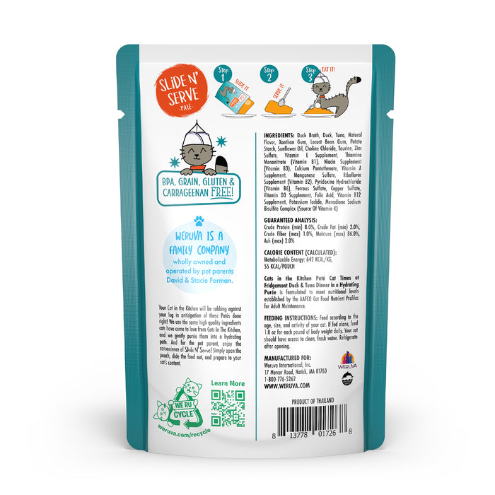 Back of a Cats in the Kitchen Cat Times at Fridgemont pouch with cage-free duck creamy paté. Shows ingredients, guaranteed analysis, feeding guide, company info, and cat illustrations. BPA-, grain-, gluten-, and carrageenan-free.