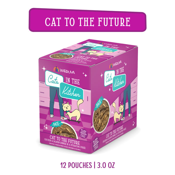 A purple Cats in the Kitchen box labeled "Cat to The Future" features a cartoon cat, human legs, and food bowls. It contains 12 pouches of creamy paté for cats made with cage-free chicken and wild-caught salmon.
