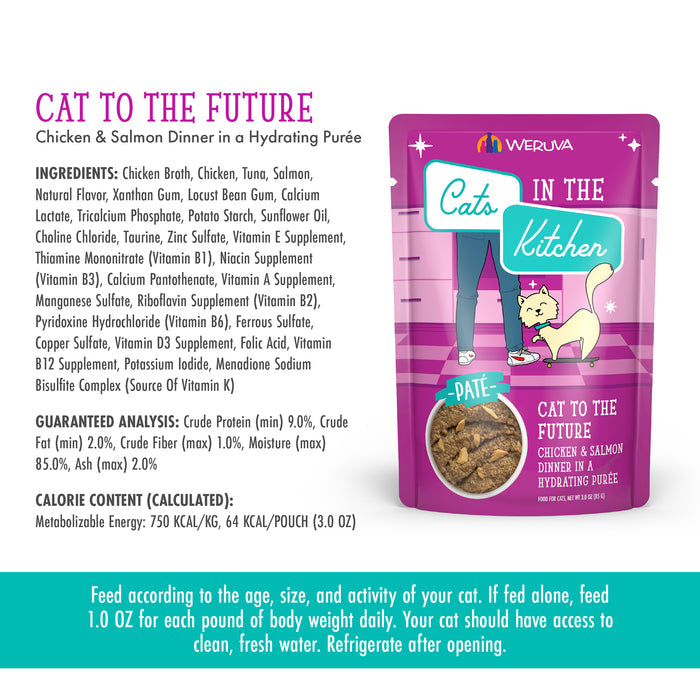 A packet of Cats in the Kitchen Cat to The Future by Weruva rests beside its nutritional details, ingredients, guaranteed analysis, and feeding instructions on a white background.