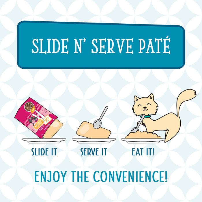 Illustration shows steps to serve Cats in the Kitchen Cat to The Future paté: slide from package, serve with a spoon, watch your cat enjoy! Text reads SLIDE N’ SERVE PATÉ and ENJOY THE CONVENIENCE! Icons and happy cat included.