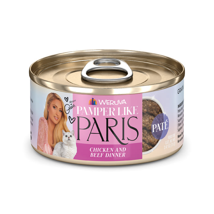 A can of Weruva Chicken and Beef Dinner in a Hydrating Purée, featuring cage-free chicken, with an elegant label depicting a long-haired blonde woman and her white cat.