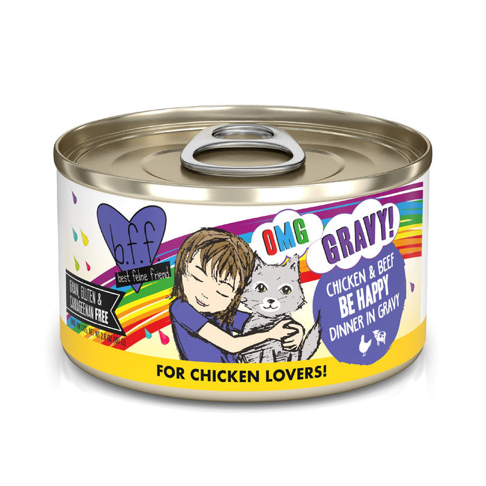 A can of BFF Best Feline Friend Chicken & Beef Be Happy cat food, with cage-free chicken and grass-fed beef in gravy. The label features a cartoon child hugging a gray cat with rainbow accents.