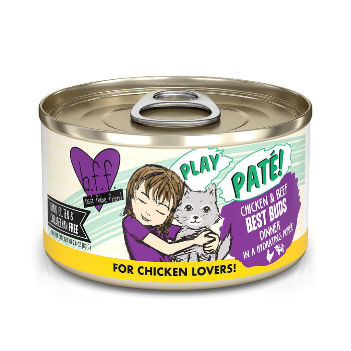 A can of BFF Best Feline Friend Chicken & Beef Best Buds features a cartoon girl hugging a gray cat and highlights that it’s grain, gluten, and carrageenan free, made with cage-free chicken and grass-fed beef.