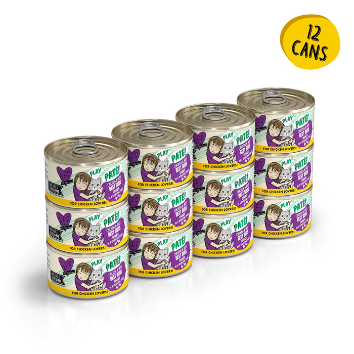 Twelve cans of BFF Best Feline Friend Chicken & Beef Best Buds cat food are arranged in three stacks of four. The colorful labels show a cat and chicken, and a yellow circle in the corner reads 12 cans.