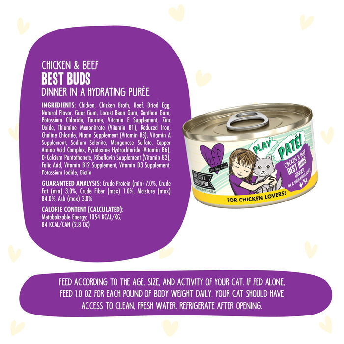 A can of BFF Best Feline Friend Chicken & Beef Best Buds cat food is shown, with playful cat graphics, grain-free ingredients like cage-free chicken and grass-fed beef, and nutritional info on a white background with purple and yellow accents.