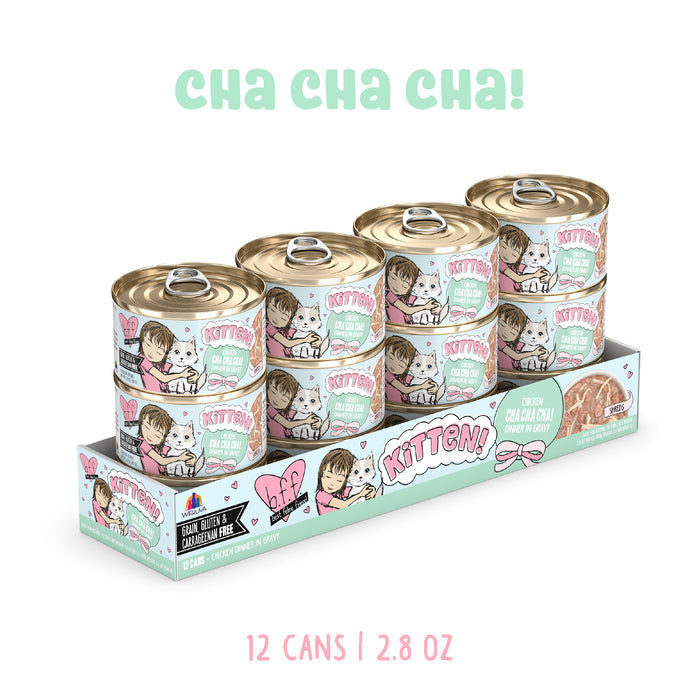 A 12-pack display box of BFF Best Feline Friend Chicken Cha Cha Cha! grain free wet kitten food, 2.8 oz cans. Pink and teal labels show a cartoon girl hugging a white kitten. Above: CHA CHA CHA! Below: 12 CANS | 2.8 OZ.