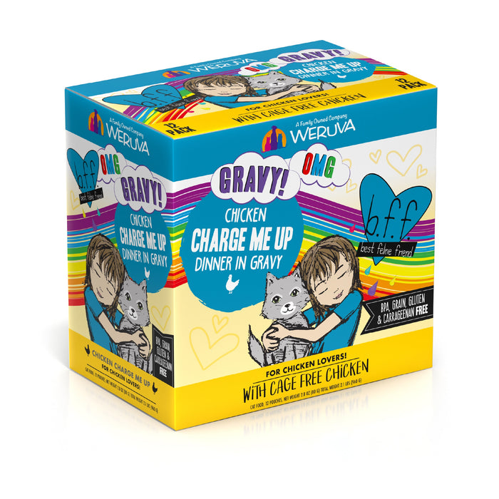 A colorful box of BFF Best Feline Friend Chicken Charge Me Up cat food in gravy, featuring a girl hugging a gray cat and text highlighting cage-free chicken and grain-free ingredients—perfect for cats who love gravy.