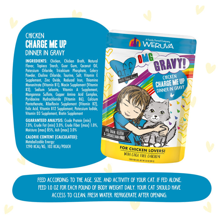 A colorful cat food pouch labeled BFF Best Feline Friend Chicken Charge Me Up Dinner in Gravy showcases cage-free chicken for gravy-loving cats, with a child hugging a smiling cat and info on ingredients, feeding, and nutrition.