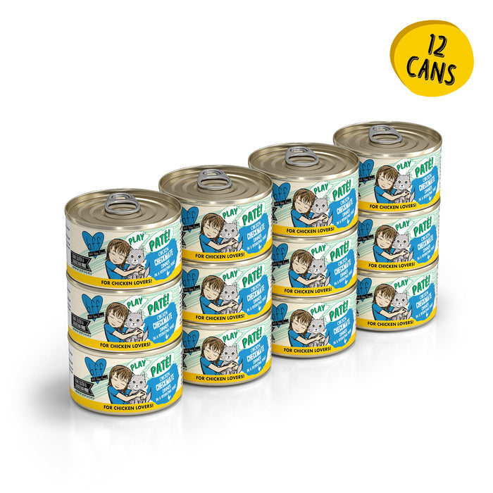 Twelve cans of BFF Best Feline Friend Chicken Checkmate, stacked in three rows of four, are labeled “For Chicken Lovers!” with a chicken image and cartoon girl holding a cat. Made with cage-free chicken, grain free. Yellow circle: “12 cans.”.