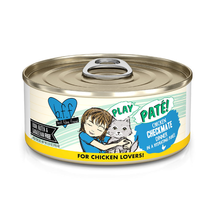 A can of BFF Best Feline Friend Chicken Checkmate cat food, featuring a child hugging a gray cat, highlights its grain-free, carrageenan-free recipe with cage-free chicken—ideal for fans of paté and chicken.