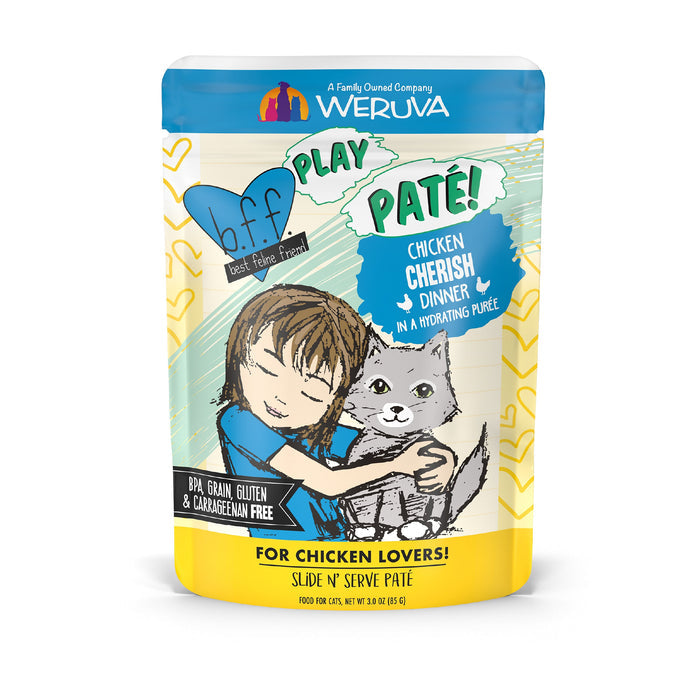 A vibrant pouch of BFF Best Feline Friend Chicken Cherish cat food shows a child hugging a gray cat, highlighting its grain-free, gluten-free recipe made with cage-free chicken.