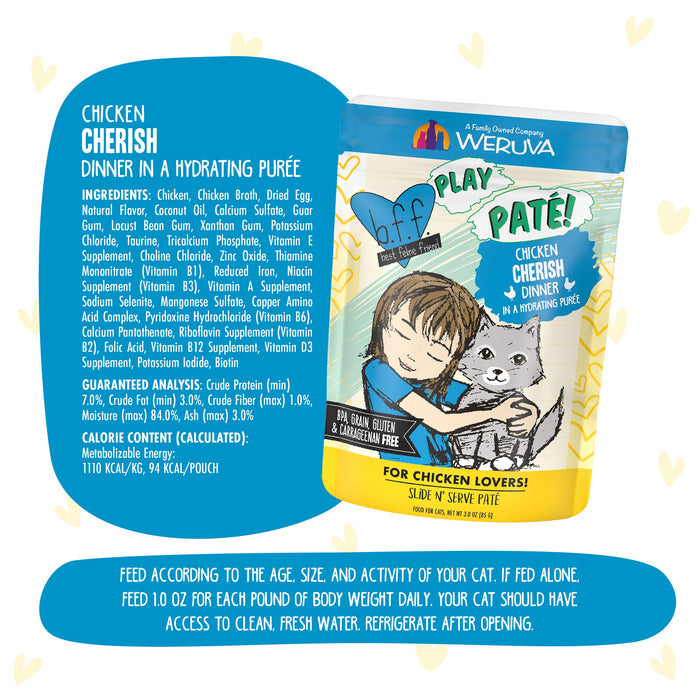 A colorful BFF Best Feline Friend Chicken Cherish pouch features a playful cat and child illustration, highlighting grain free, gluten free, cage-free chicken in a hydrating purée for wholesome nutrition.