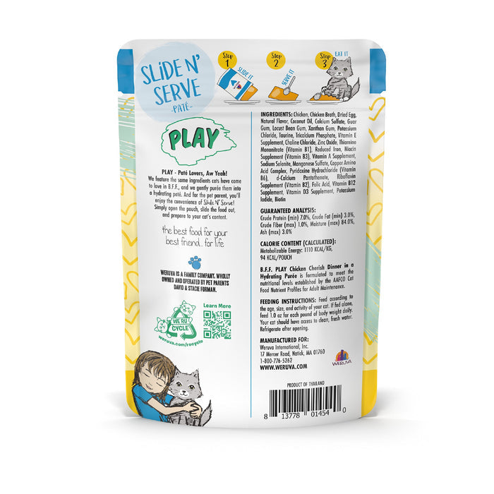 Back view of a grain free and gluten free BFF Best Feline Friend Chicken Cherish cat food pouch, with ingredients, guaranteed analysis, feeding instructions, and an illustration of a child hugging a cat at the bottom left.