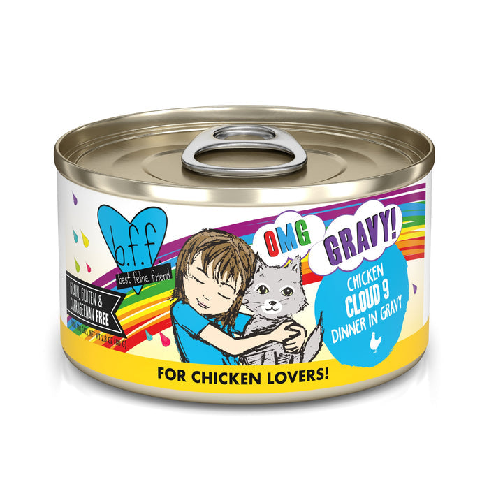 A colorful can of BFF Best Feline Friend Chicken Cloud 9 cat food features a cartoon child hugging a gray cat, rainbow accents, and the words "For chicken lovers!" on the label.