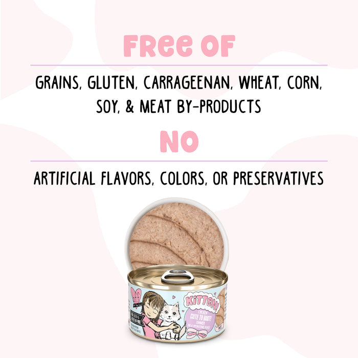 A graphic reads: Chicken Cute To Boot! kitten food by BFF Best Feline Friend—grain free, no gluten, wheat, corn, soy, or meat by-products. Made with cage-free chicken and no artificial flavors. Below is an open can with a cartoon kitten and girl.