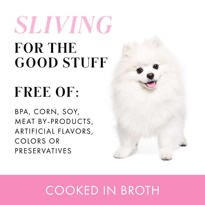 A white fluffy dog stands on a white background beside text about Weruva Chicken Dinner with Rice and Pumpkin, Sliving for the good stuff with pumpkin and cage-free chicken. Free of BPA, corn, soy, artificial flavors. Cooked in Broth is shown below.