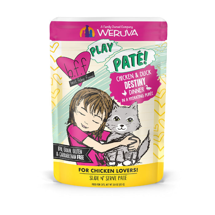 A colorful pouch of BFF Best Feline Friend Chicken & Duck Destiny cat food, featuring cage-free chicken and a girl hugging a gray cat. The packaging notes it’s BPA-free, grain free, gluten free, and carrageenan free.