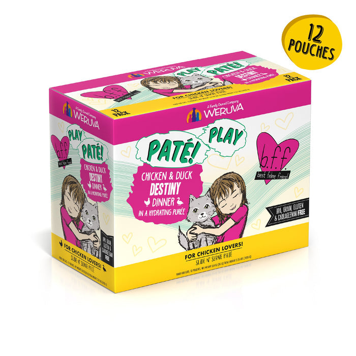 A colorful box labeled BFF Best Feline Friend Chicken & Duck Destiny shows a girl hugging a cat, hearts, and text highlighting 12 pouches made with cage-free chicken in a grain-free, gluten-free recipe.