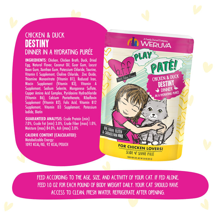 A vibrant label for BFF Best Feline Friend Chicken & Duck Destiny cat food features a pouch with a cartoon girl hugging a gray-and-white cat, plus detailed ingredients and feeding directions on the left.