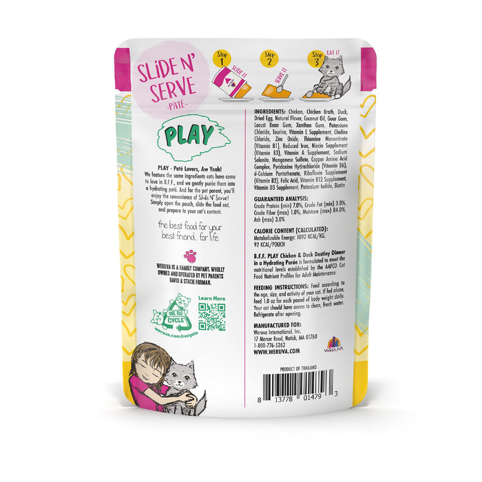 Back of a BFF Best Feline Friend “Chicken & Duck Destiny” pouch shows serving instructions, grain free ingredients, feeding guidelines, a cartoon child hugging a cat, plus product and recycling symbols.