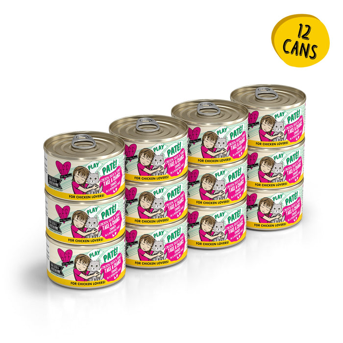 Twelve cans of BFF Best Feline Friend Chicken, Duck & Turkey Take a Chance cat food are stacked in three rows of four. Each colorful can features a cat and highlights the grain free recipe with “12 cans” in a yellow circle.