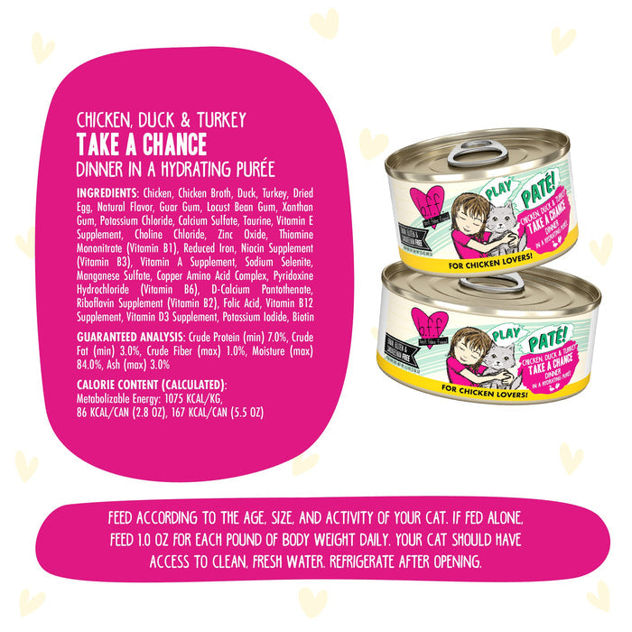 Two cans of BFF Best Feline Friend Chicken, Duck & Turkey Take a Chance Dinner in a Hydrating Purée are shown with playful cat-themed packaging that highlights ingredients, nutrition facts, and feeding directions.
