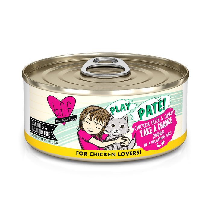 A can of BFF Best Feline Friend Chicken, Duck & Turkey Take a Chance cat food, with a child-hugging-a-gray-cat illustration on the colorful grain-free label—a tasty paté perfect for chicken lovers.