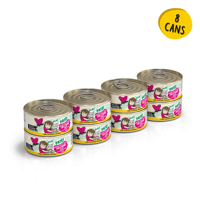 Eight cans of BFF Best Feline Friend “Chicken, Duck & Turkey Take a Chance” kitten food are stacked in two groups of four, with colorful labels and a cartoon kitten. A yellow circle says "8 CANS" on the white background.