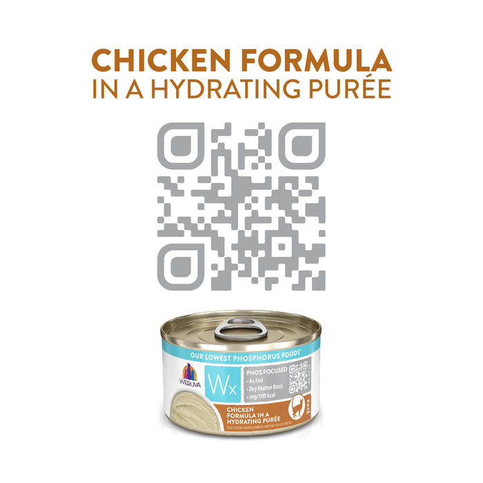 A can of Weruva Wx Phos Focused Chicken Formula in a Hydrating Purée sits below a large QR code. Above it, bold text reads: "Chicken Formula in a Hydrating Purée.