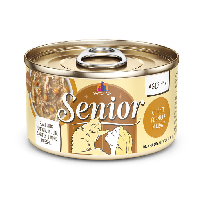 A can of Weruva Chicken Formula in Gravy senior cat food for ages 11+ contains chicken breast, pumpkin, inulin, and green-lipped mussel for joint health. The label displays a cat and person illustration with product details.